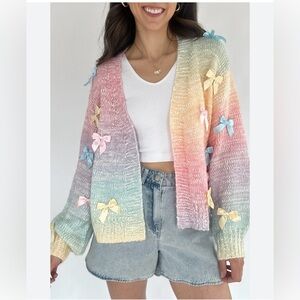 BiBi Pastel Rainbow Bow-Appliqué Knit Cardigan